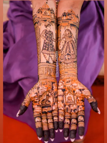 The final stained look of the royal bride and groom design. The dark henna stain brings out the depth and detail of the portraits and the complex patterns on the palms.