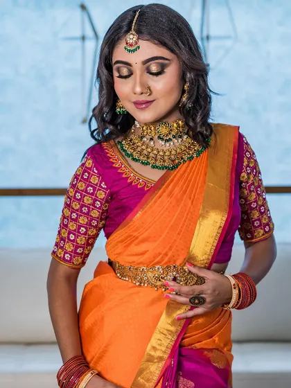 A duplicate of a previous shot, emphasizing the beautiful composition and the serene mood of the makeup and styling.