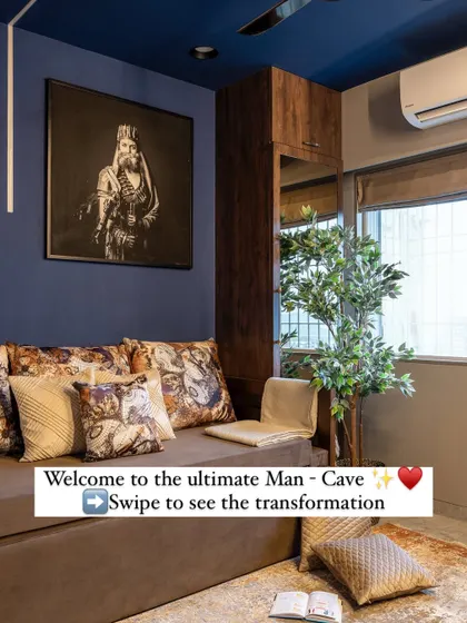 Welcome to the ultimate man-cave. We transformed a blank space into a bold personal retreat with cobalt blue walls, warm wood tones, and a comfortable sofa-bed that incorporates ancestral furniture.