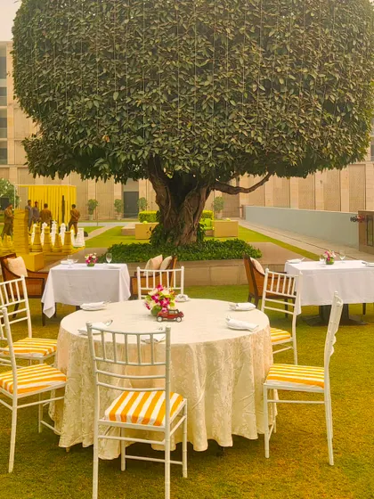 A round dining table set up under a large tree, with chairs featuring yellow and white striped cushions that tie into the overall event theme. This shows how we integrate natural elements into our designs.