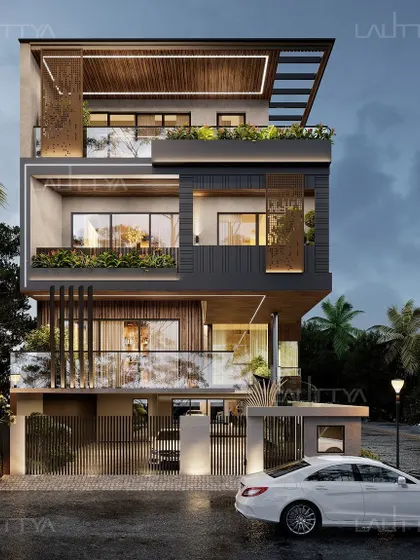 This architectural visualization demonstrates our approach to modern luxury facades. We use materials like CNC-cut louvers and HPL cladding, combined with integrated lighting, to create exteriors that are both aesthetically brilliant and highly functional.