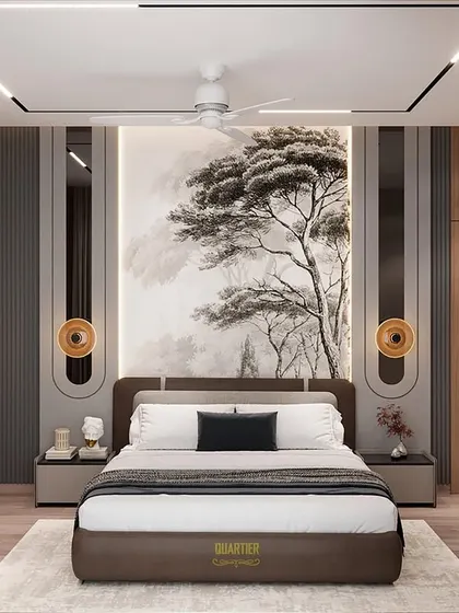 This master bedroom render for Cleo County features a dramatic, nature-inspired wallpaper behind the bed. The design is flanked by dark wood panels and integrated wardrobes, creating a sophisticated and moody ambiance.