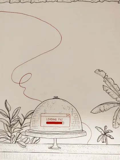 This whimsical doodle captures the fusion of food and technology, a theme that runs through our mural design for the Bangalore cafe.
