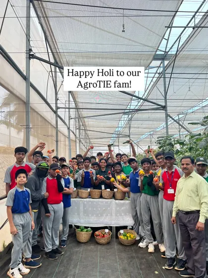 Happy Holi from our AgroTIE family. A group of students visiting our farm celebrates the festival of colors with baskets of our vibrant, freshly harvested produce.