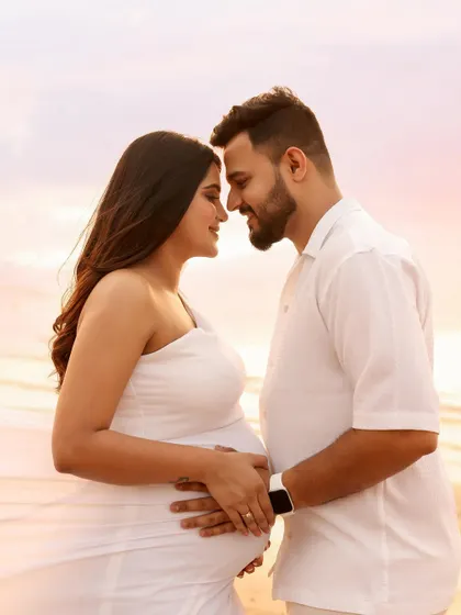 An intimate close-up of the couple at golden hour on the beach. The warm, soft light perfectly enhances the glow of pregnancy and the deep connection between them.
