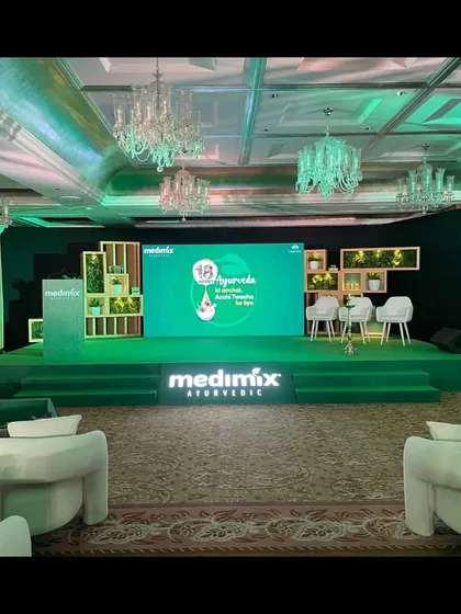The stage setup for the Medimix Ayurvedic 'Nakhrewali' campaign launch. We managed the console and stage to create a brand-centric environment for the product reveal and press conference.