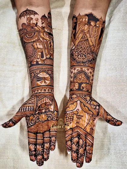 A heavy bridal design featuring a groom's procession on an elephant and the bride's family portrait.