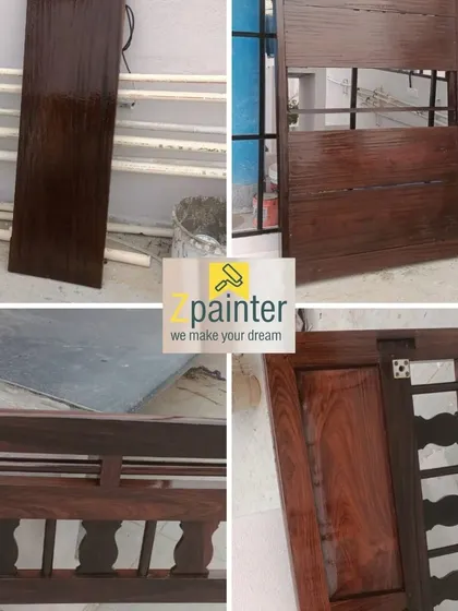 A collage showcasing various wood polishing projects, including doors and furniture. This demonstrates the range of my wood finishing services.