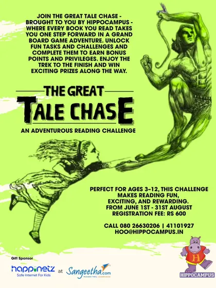 The Great Tale Chase! This poster announces an adventurous reading challenge designed as a giant board game, making reading exciting and rewarding.