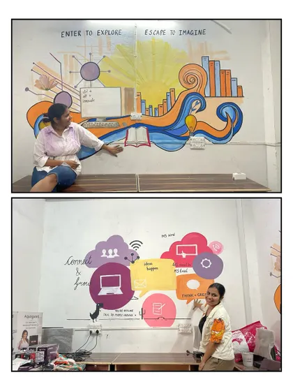 Two murals I designed for a learning center, one abstract and one illustrative, both meant to inspire exploration and imagination. It's rewarding to see my designs come to life and energize a space.
