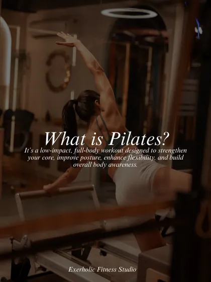 What is Pilates? It's a low impact, full body workout designed to strengthen your core, improve posture, enhance flexibility, and build overall body awareness.