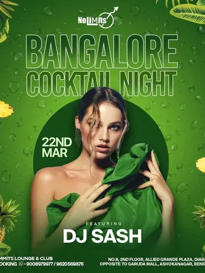 The poster for a 'Bangalore Cocktail Night' with a tropical theme, promising free cocktails for ladies.
