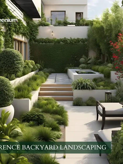 A serene backyard landscaping concept. This 3D design features multi-level planters, a small water feature, and comfortable seating, creating a peaceful and elegant outdoor space.