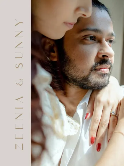 A beautifully composed portrait with the couple's names. The bride rests her head on the groom's shoulder, creating a sense of peace and belonging.