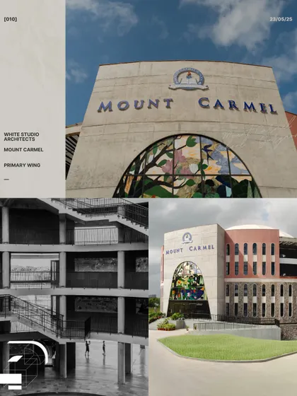 A collage showcasing key architectural elements of the Mount Carmel School project. It highlights the main facade, the stained glass art, and the raw structure of the interior courtyard, summarizing the project's design narrative.