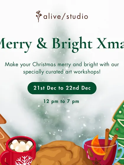 The main poster for our 'Merry & Bright Xmas' event, inviting families to join our specially curated art workshops.
