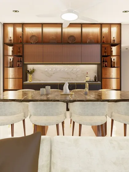 A render detailing the custom bar and crockery unit integrated into the dining area. Backlit shelves and a marble backsplash add a touch of luxury and functionality to the space.
