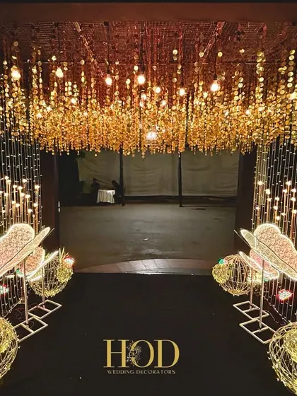 The full view of the butterfly-themed entrance at night, with a tunnel of lights creating a magical and high-energy welcome for guests.