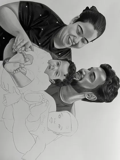 The family sketch in progress. Here you can see one of the babies fully rendered while the other is still in the outline stage, showing how the image is built up layer by layer.