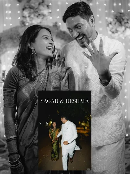 A fun and celebratory shot of the couple showing off the engagement ring. The black and white treatment with a small color inset adds a modern, graphic touch.