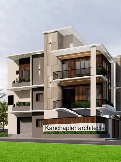 A 3D visualization of a modern residential building I designed. This render showcases a multi-level facade with a mix of stone cladding, wood accents, and glass railings, balancing private balconies with open design elements.