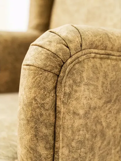 A close-up of the upholstery on the wingback chair, showing the texture of the fabric and the neat piping detail.