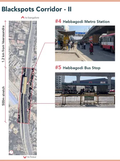 A map of the second blackspot corridor, focusing on the Hebbagodi Metro Station and Bus Stop, another key area for our road safety interventions.