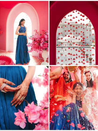 A collage from a 'Gulabi Haldi', showing the bride in a contrasting blue outfit, the unique decor of hanging diyas, and a fun moment of being showered with pink petals.