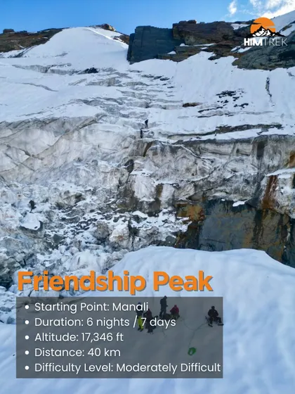 An info card for the Friendship Peak expedition. A 7-day, 40 km journey that is moderately difficult and takes you to 17,346 ft.