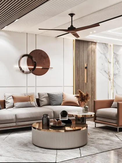 A wider shot of the living room, providing a comprehensive view of the furniture layout and wall treatments.