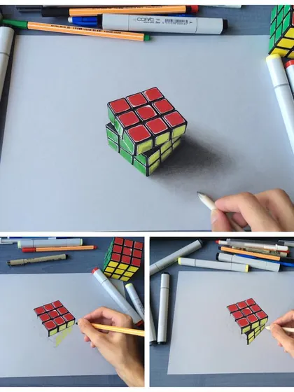 A collage showing the process of drawing a 3x3 Rubik's cube. It demonstrates how I layer colors, starting with the lightest shades and building up to the darkest shadows.
