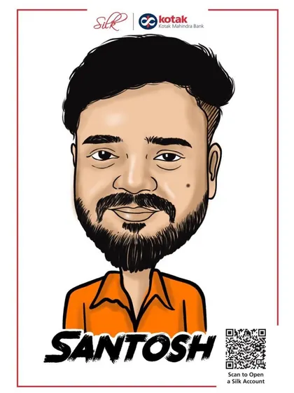 A finished digital caricature created for a Kotak Silk event. The colours are vibrant, and the final image is clean, sharp, and perfect for corporate branding.