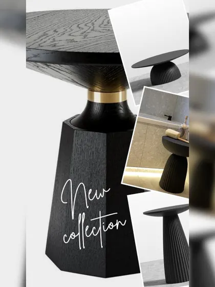 A collage showcasing my new collection of side tables and small cabinets. The designs feature modern, sculptural bases and a variety of finishes, perfect for adding a touch of elegance to any corner.