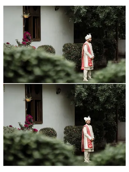 A two-panel collage of a groom in his wedding attire, showing him waiting for his bride.