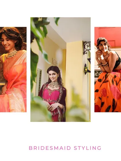 A collage showcasing our bridesmaid styling services. We create looks that complement the bride while allowing each bridesmaid's individual style to shine.