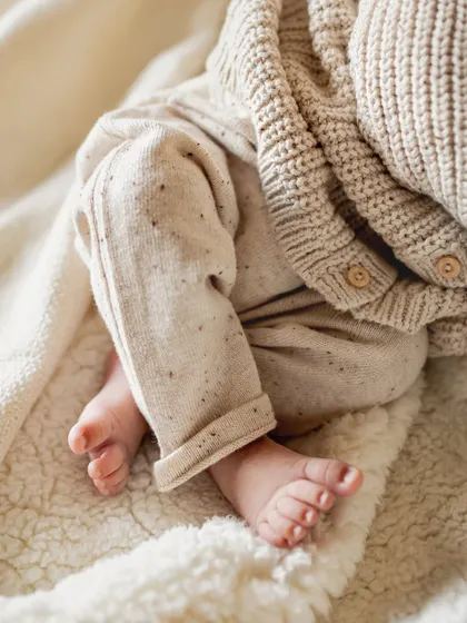 A newborn sleeping peacefully on a comfy bed. Lifestyle sessions are perfect for capturing these serene moments in a natural, unposed way.