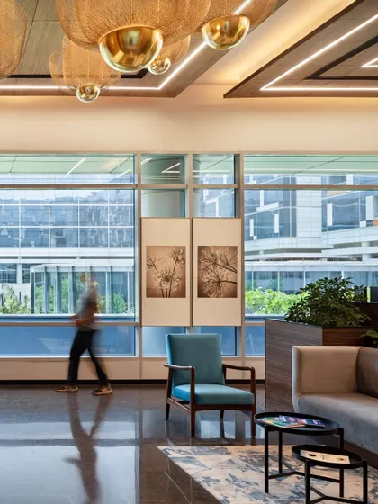 Another view of the APT office lounge, showcasing the comfortable seating and large windows. The space is designed as a calm and welcoming area for both employees and visitors.