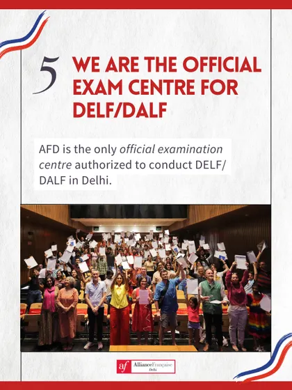 We are proud to be the only center in Delhi authorized to conduct the official DELF/DALF exams. This photo captures the joy and success of our candidates holding their hard earned certifications, a testament to their dedication and our commitment to authentic French language education.