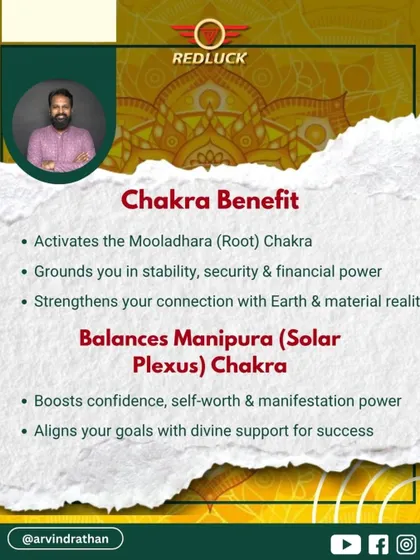 This Rudraksha provides dual chakra benefits. It activates the Mooladhara (Root) Chakra for stability and financial power, and balances the Manipura (Solar Plexus) Chakra to boost confidence and manifestation power.