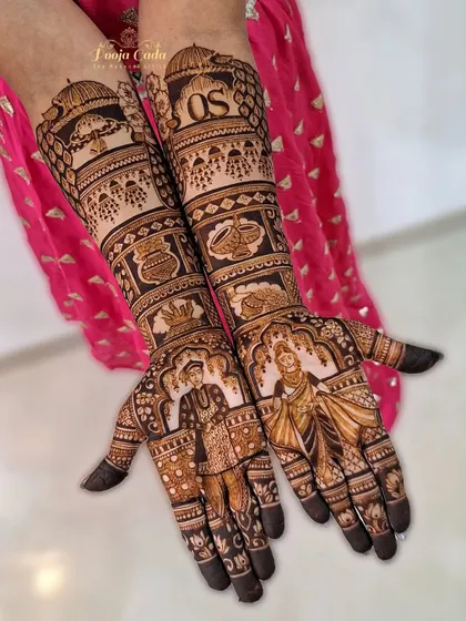 A classic Maharashtrian bride and groom design, complete with traditional wedding symbols and the couple's initials.