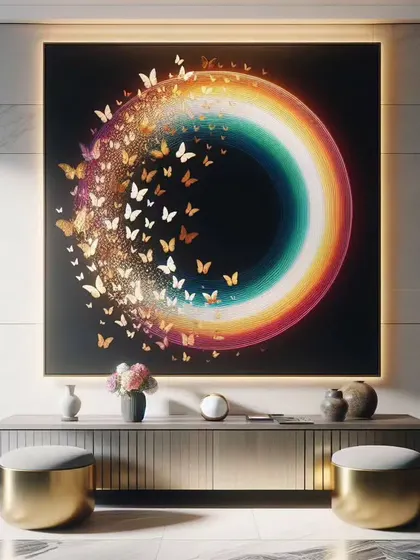 A series of our popular butterfly Enso circle installations. These pieces combine LED backlighting with three-dimensional elements to create a mesmerizing display of light, color, and movement, symbolizing transformation and enlightenment.