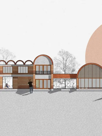 Another concept for the Bidadi farmhouse, this time exploring vaulted and curved roof forms. This approach offers a more modern and dynamic architectural expression while still using natural materials and considering the site.