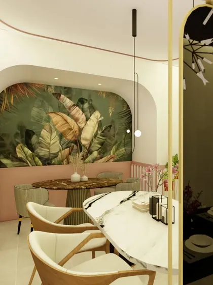 A conceptual render for a seating nook within the Coimbatore showroom. This image showcases a potential design direction, featuring a bold, tropical wallpaper and custom furniture to create an intimate and stylish vignette.