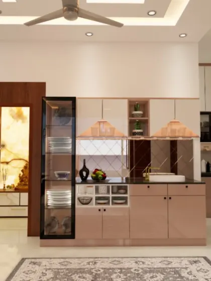A render of a crockery unit with a mix of closed cabinets and a glass-fronted display, perfect for a modern dining area.