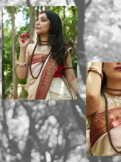 A mix of color and monochrome frames, showing the model in her Parvati-inspired look amidst the trees, creating a sense of timelessness.