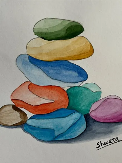 This watercolor of stacked stones, or cairns, represents balance and tranquility. The process of painting each stone was a meditative exercise in itself.