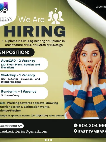Sreeka's Interior in East Tambaram, Chennai, has multiple vacancies for AutoCAD, Sketchup, and V-Ray specialists.
