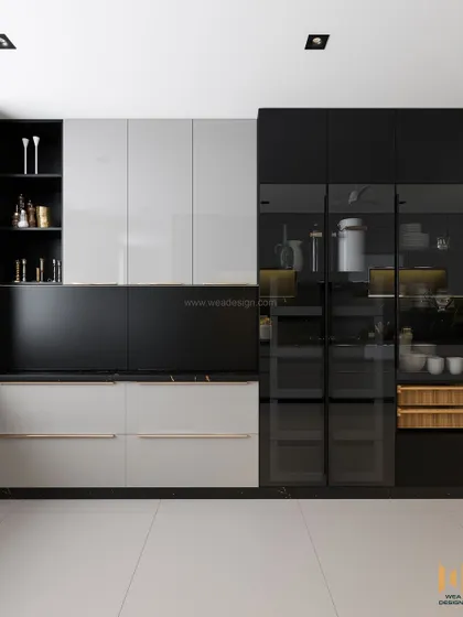 A close-up of the tall pantry unit with glass doors, providing ample and easily visible storage.