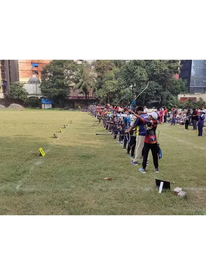 The shooting line at the DSO Zonal Archery Competition at Kamgar Maidan, Parel, where 6 of our archers qualified for the state competition.
