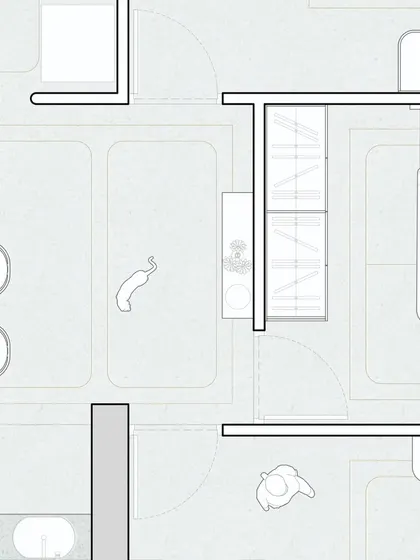 This section of the floor plan details the dining area and its proximity to a bedroom. It showcases the careful planning required to define different zones within an open-concept space.